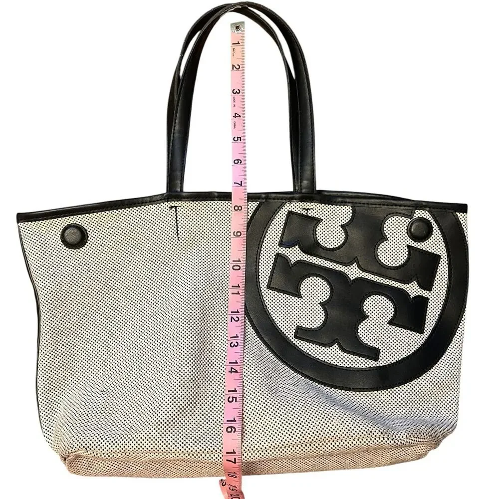 Tory Burch Lonnie Large Perforated Canvas Mesh Logo Tote Bag White Black